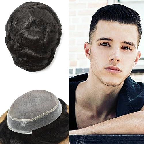 RESHE Sistema de cabello humano tipo tupé para hombre, sistema de piezas de cabello natural, línea capilar negra, pieza de pelo para hombre,