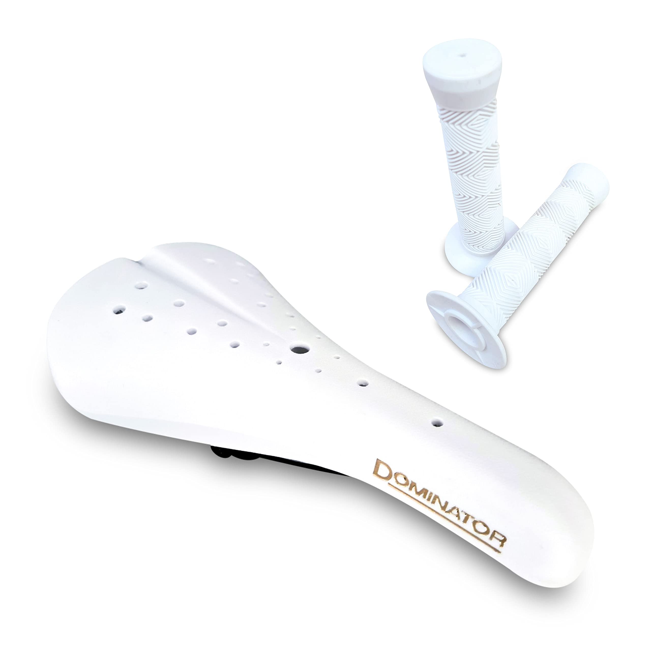 CYCLEZ Dominator BMX Seat White Old School BMX Bicycle Saddle with One Pair 145mm BMX Flange Grips Bundle Kit