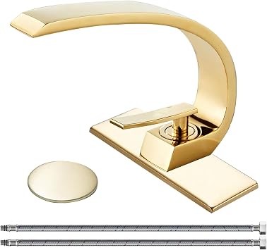 Shiny Polished Gold Bathroom Sink Faucet,Unique Design Single Handle Single Hole Brass Lavatory Vanity Faucet,Basin Mixer Tap with Supply Hose and Pop Up Drain Assembly