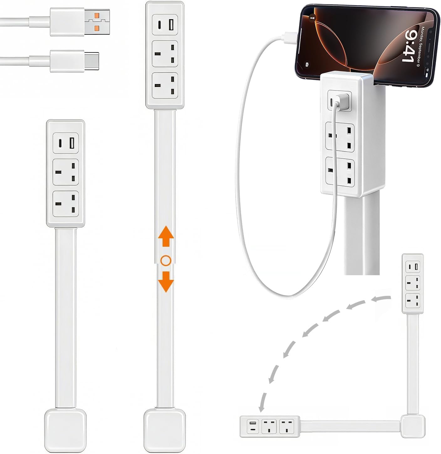 Swivel Socket Expander, Adjustable 20-28 Inch Outlet Extender with 2 AC Outlets & USB Ports, 180° Rotating Wall-Mounted Charging Hub for Behind Furniture & Tight Spaces