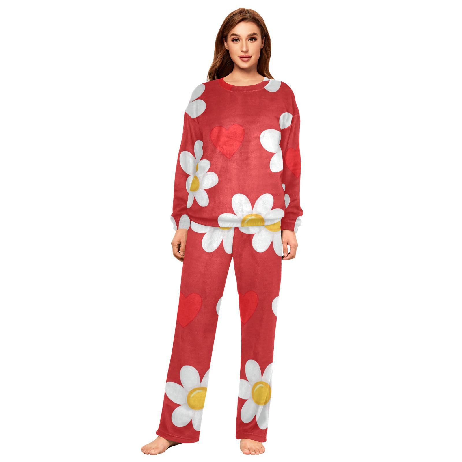 Daisy Crimson Valentines White Zmywalne dwuczęściowe polarowe piżamy dla kobiet okrągły dekolt sweter i spodnie zestaw
