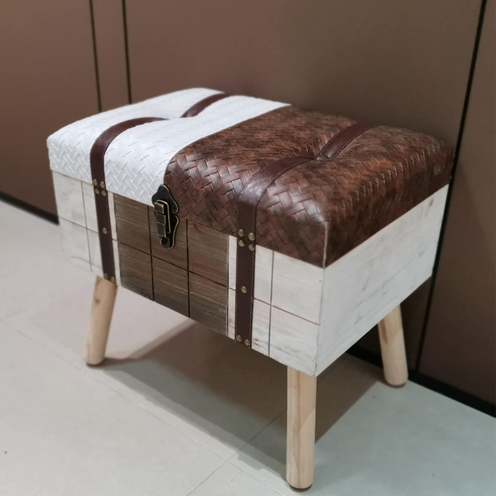 Tabouret de rangement en cuir avec charnières et pouf rectangulaire en bois 50cm