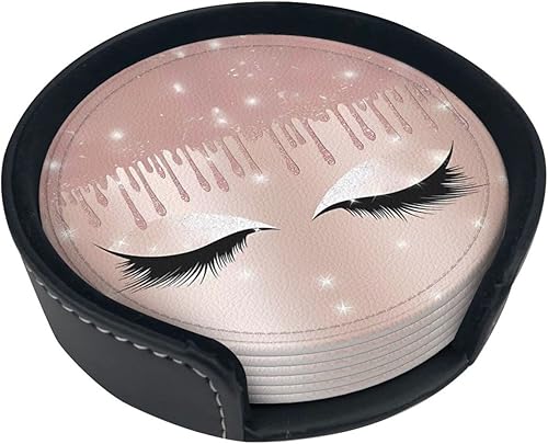 Rose Gold Eyelashes Fashionable Printed Leather Coaster Set,A Set of 6 Pieces,4 Inches in Diameter,Adding an Artistic Atmosphere to Your Desktop