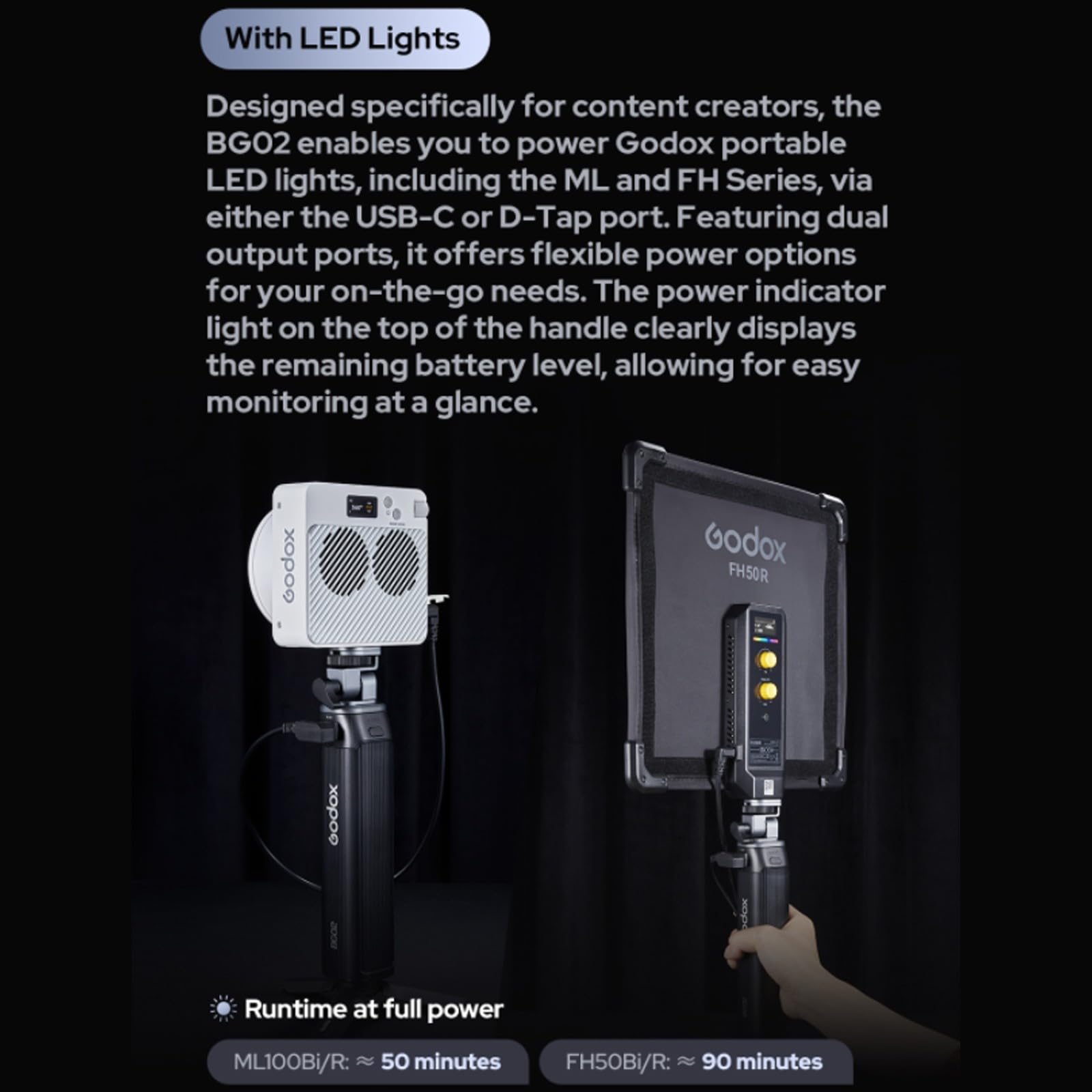 GODOX BG02 Poignée d'alimentation,Batterie Lithium 14.4V 6600mAh, avec D-Tap et Câble USB-C pour AD200 AD200Pro AD200ProII AD300 Pro Flash,pour ML100BI ML100R FH50Bi FH50R Lampe Vidéo LED
