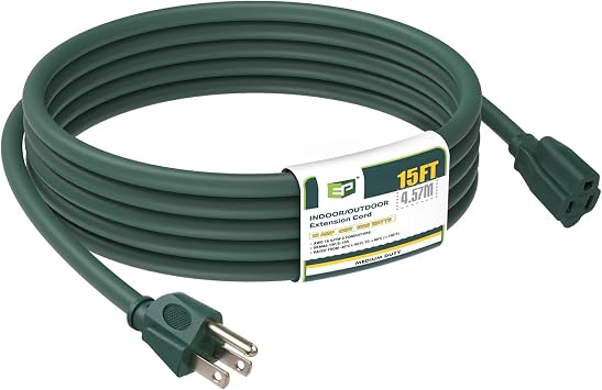 EP 15 FT Outdoor Extension Cord, 16/3 SJTW Heavy Duty Green, ETL Listed