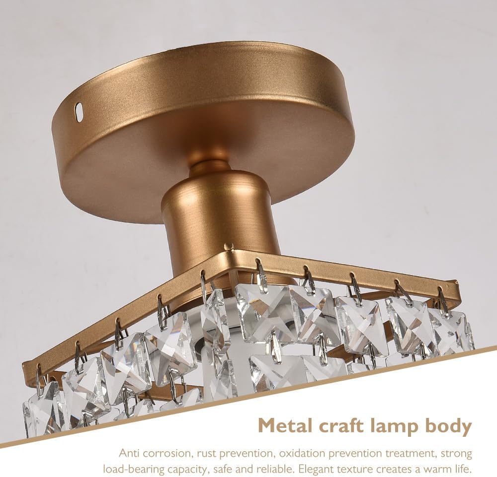 Small Crystal Ceiling Light Fixture,Copper Metal Frame,Chandelier for Dining Room/Bedroom/Entrance/Study Room/Corridor/Balcony Lighting, E26 Socket