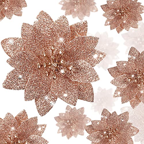 WILLBOND 36 Pieces Christmas Glitter Poinsettia Flowers Faux Flowers Wedding Glitter Christmas Tree New Year Ornaments (Rose Gold)