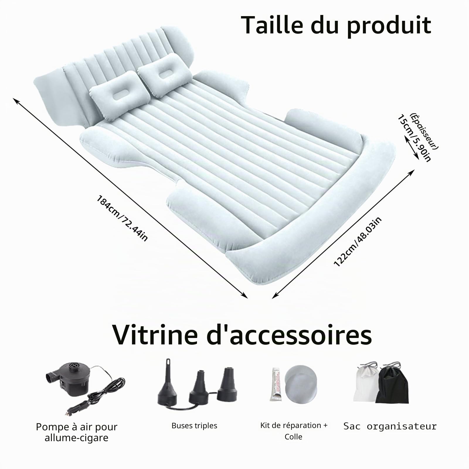 Matelas gonflable de voiture avec deux coussins, matelas de camping pour coffre de voiture, matelas isolant auto-gonflant pour 2 à 3 personnes, matelas gonflable combiné, 184 x 122 x 15 cm,