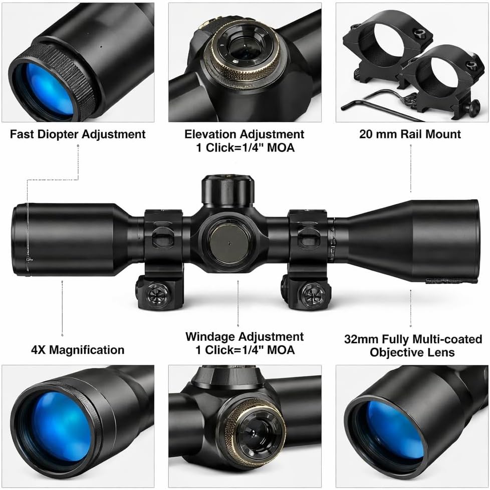 GOTICAL Ruger 10/22 and 3/8" Tactical 4x32 Compact Scope Rangefinder - Reticle Hunting Riflescopes Hair Reticle and Ruger 10/22 Weaver '5 PC of Each Size #6-48 Length 6mm/8mm