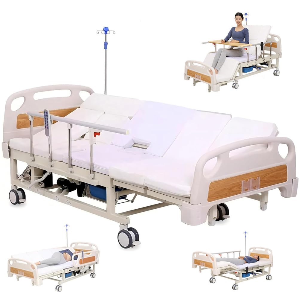 Falluk Medical Nursing Updated Full Electric Hospital ICU Bed for Home Use, with 3 Adjustable Features, with Remote Control, Individual Locking, IV Pole, Mattress, Quiet Wheels, Dining Table Board