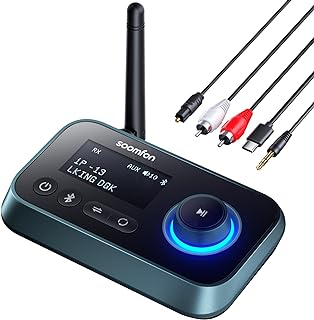 SOOMFON Bluetooth 5.0 Transmitter Receiver - Bluetooth TV Adapter with Volume Control, Dual Link Long Range Audio Bluetooth Transmitter for TV to Wireless Headphones (Optical, RCA, Aux)
