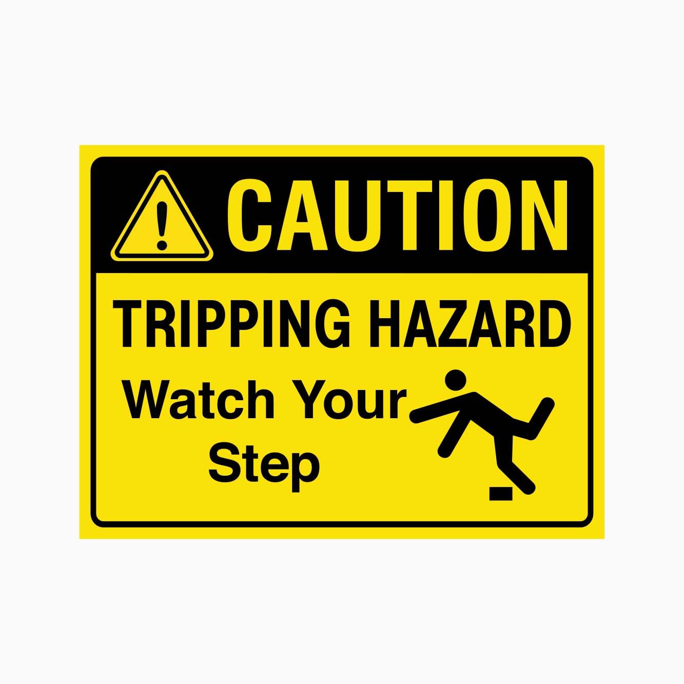 CAUTION TRIPPING HAZARD WATCH YOUR STEP Sign, 12x8 Metal Tin Sign, anti-trip warning for uneven floors and walkways.