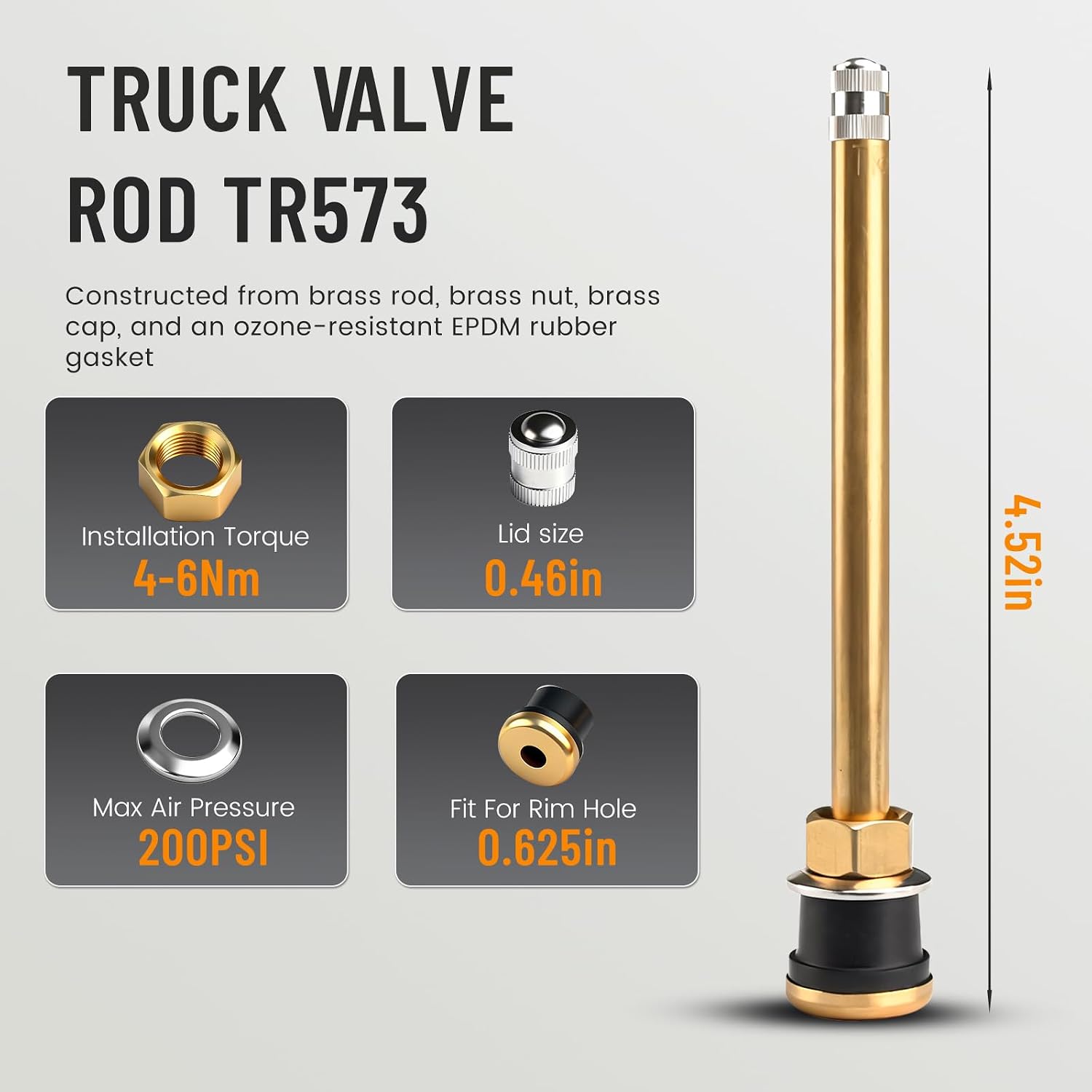 10pcs TR573 Truck Tire Valve Stems, Brass Commercial 4-3/8 Valve Stems for Rim Φ.625"