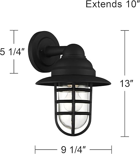 Miniatura 4 de John Timberland Marlowe - Lámpara de pared rústica industrial para exteriores, jaula negra con capucha de 13 pulgadas, vidrio transparente para