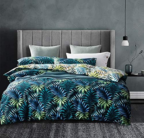 Duvet Cover King, 600 Thread Count Cotton Green Botanical Pattern Reversible Comforter Cover