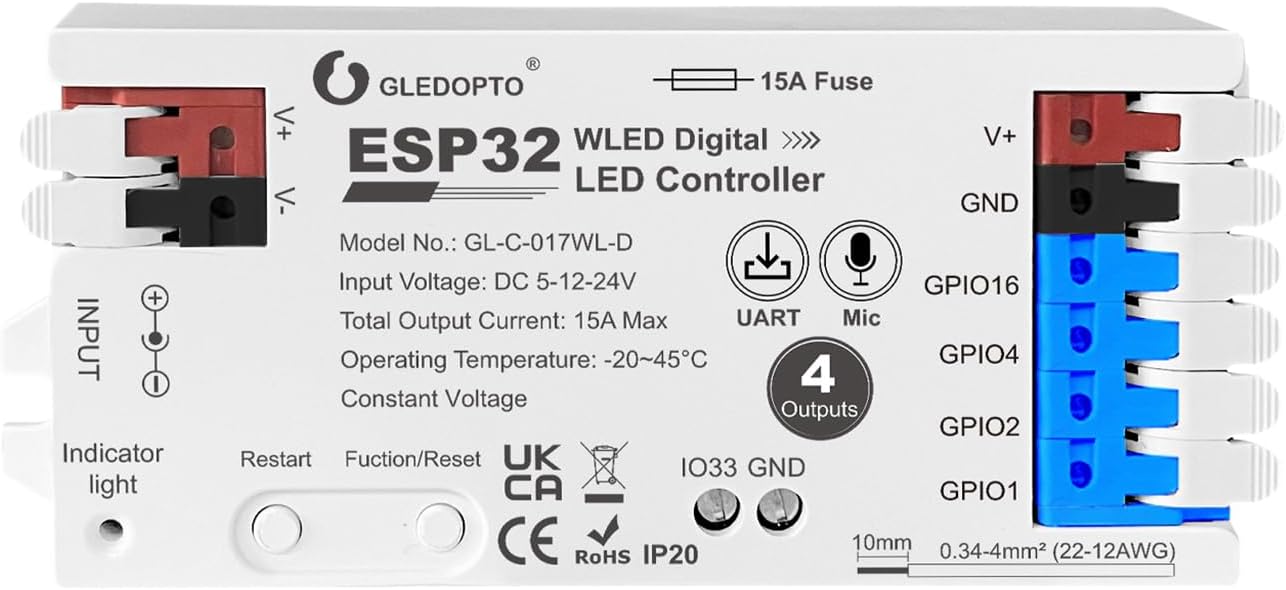 ESP32 WLED RGB IC LED Strip Controller 4 Channel Outputs 15A Fuse Mic Sound Dynamic Lights USB-C UART DIY Energy Saving Relay Level Shifter IC for Digital WS2811 WS2812 WS2815 SK6812 etc