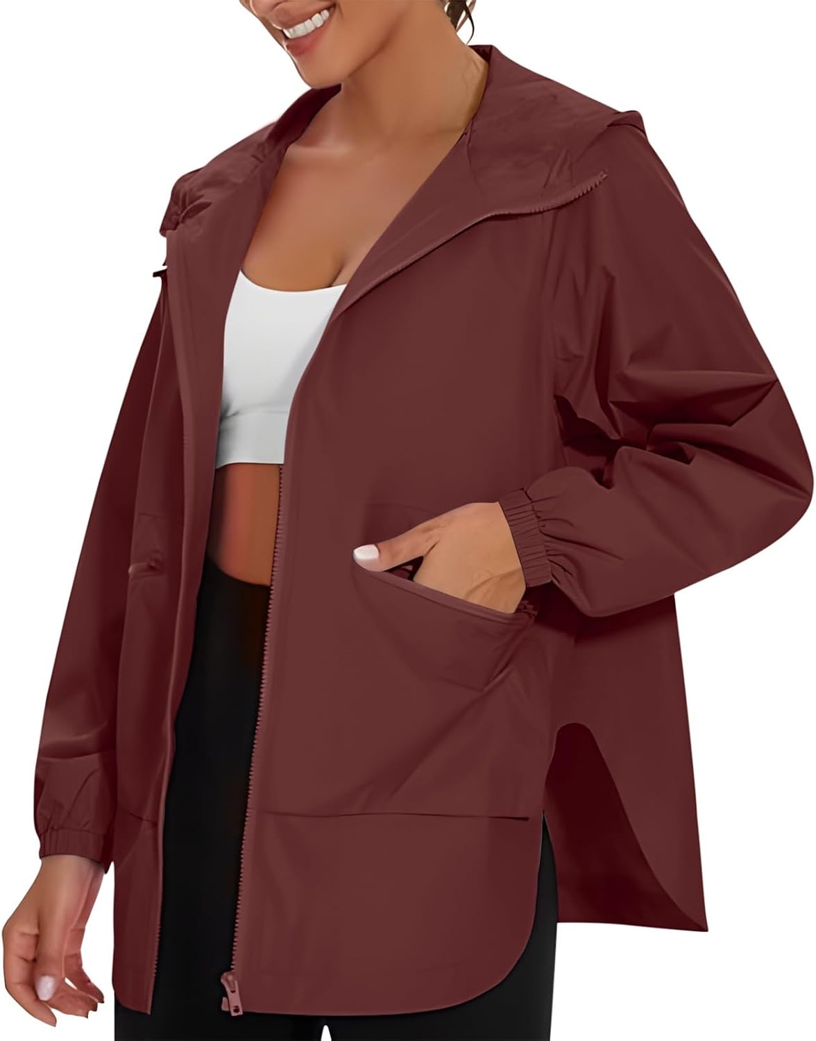 Women's Waterproof Rain Jacket Hooded Lightweight Windbreaker Hiking Bike Zip Up Outdoor Coat with Zipper Pockets
