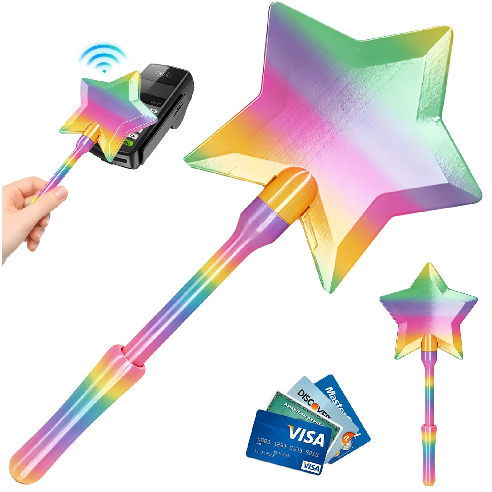 TOGETDREAM Magiczna różdżka z nadrukiem 3D, gwiazda różdżka magiczna różdżka karty kredytowej, różdżka z uchwytem na kartę kredytową, dotknij, aby zapłacić za dzieci, nastolatki i dorosłych (tęcza)