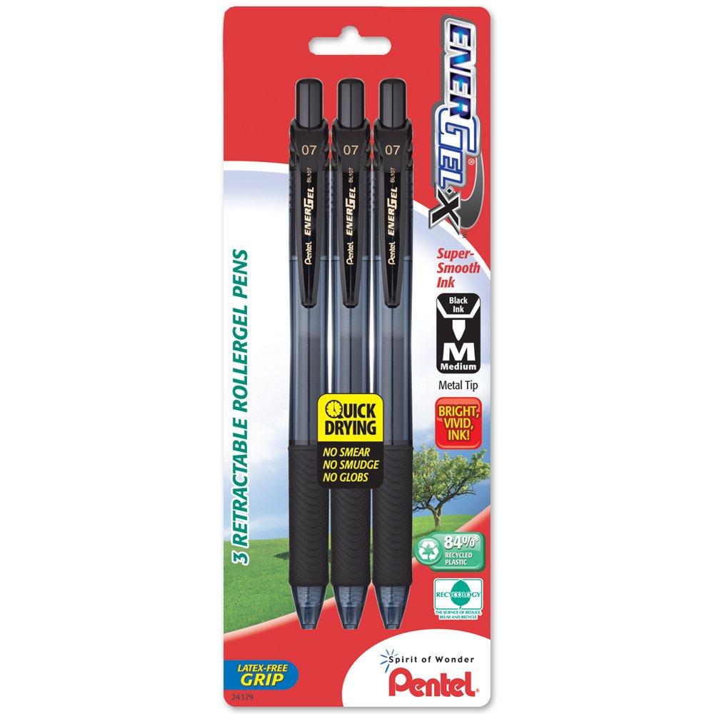 Pentel EnerGel-X Retractable Liquid Gel Pen, 0.7mm, Medium Line, Metal Tip, Black Ink, 3 Pack (BL107BP3A) — image 1