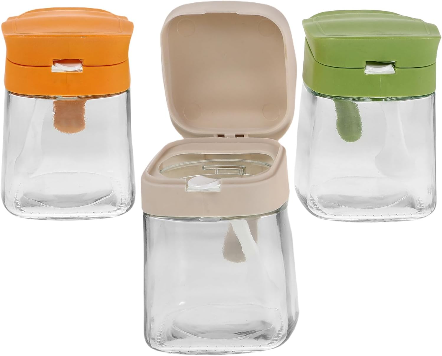 Glass Spice Jars with Flip Lids 3pcs Set Small Glass Seasoning Containers for Kitchen Countertop in White Green Yellow for Food Storage