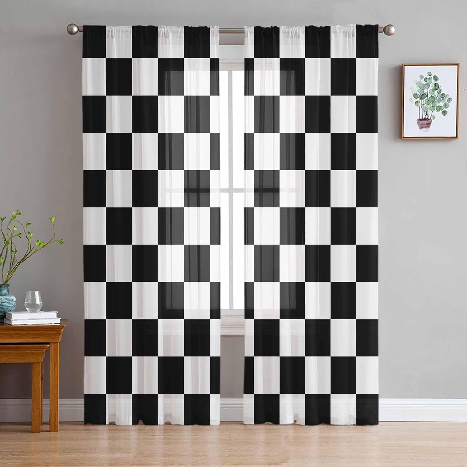 2 PCS Black White Semi-Sheer Curtains 45 Inches Long, Checkered Flag Geometric Plaid Short Rod Pocket Voile Panels, Buffalo Plaid Window Drape Chiffon Fabric Sheer Curtains for Living Room Bedroom