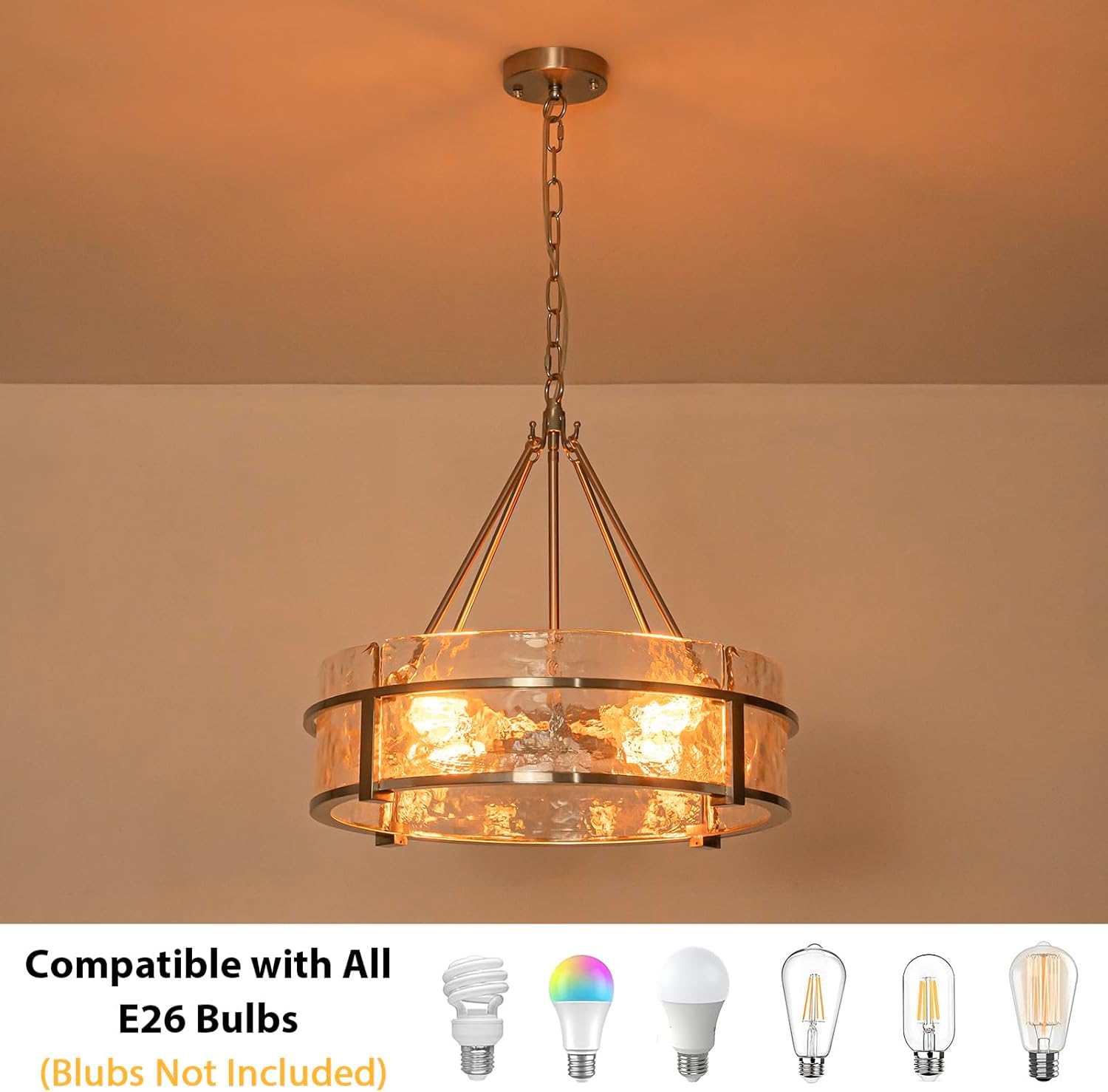 20.47" Modern Glass Chandelier for Dining Room, Brushed Nickel Textured Crystal Drum Kitchen Island Light Fixture Luxury Glass Water Ripple Crystal Chandeliers for Living Room Kitchen Bedroom Foyer