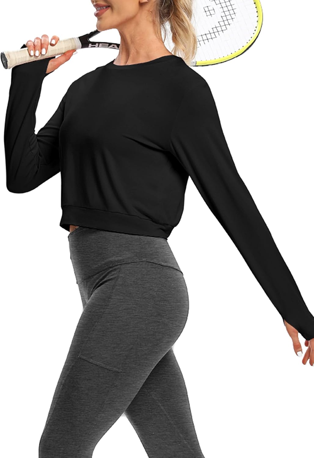 Bestisun Long Sleeve Workout Shirt Cross Back Cropped Running Athletic Tops for Women Thumb Hole - Image 5