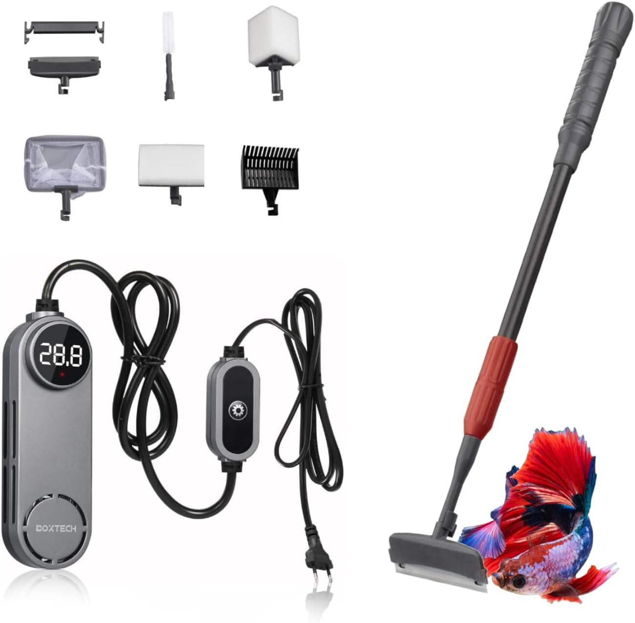50W Mini Heater for 5-10 Gallon Tanks + 6-in-1 Fish Tank Cleaning Kit – Submersible Heater with Digital Display & External Controller, Algae Scraper, Gravel Rake, Net, and Rotating Brush for Betta, Sh