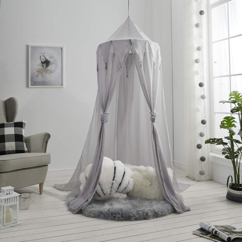 A LOVE BRAND Canopy Tent Bed Canopy Round Dome Mosquito Net, Triangle Tufted Fringed Lace, Baby Boys Girls Games House - Grey