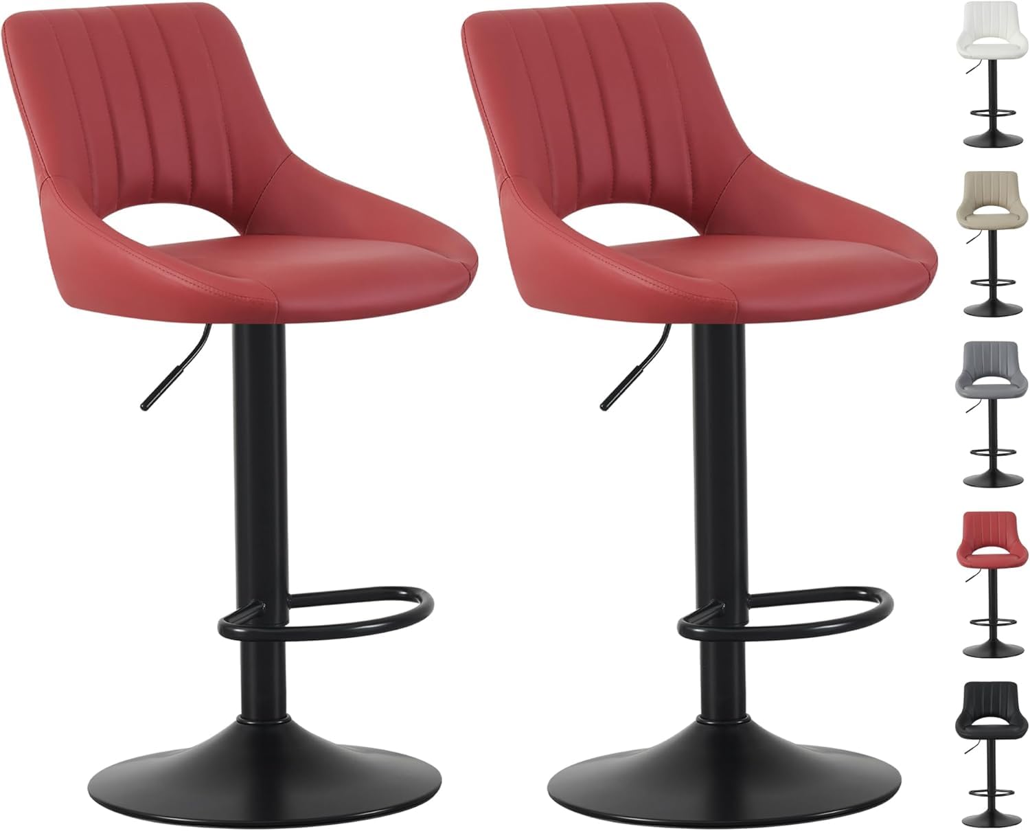 mcc direct Stacey Lot de 2 tabourets de bar pivotants réglables en hauteur avec dossier, siège en cuir, repose-pieds et base en métal pour la maison, la cuisine et le restaurant (rouge)
