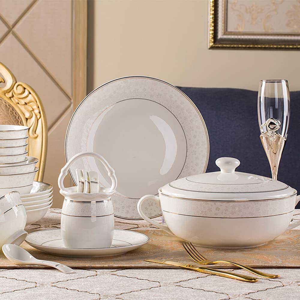 60-częściowy zestaw wysokiej jakości porcelanowej zastawy stołowej Luksusowy zestaw talerzy i misek Chińskie złote zdobienia stołowe, odpowiednie na rodzinne kolacje i przyjęcia