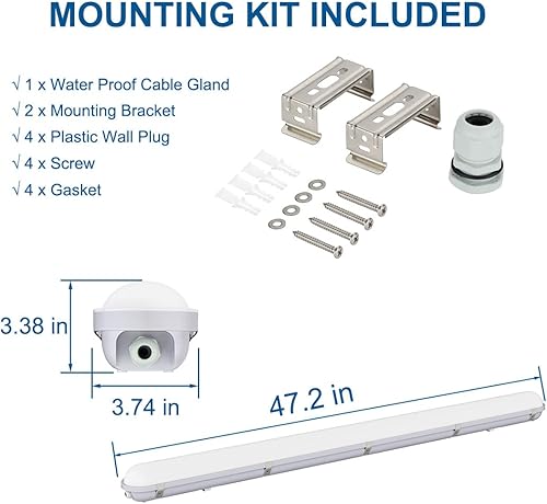 Miniatura 5 de DAKASON Luz LED hermética de vapor de 4 pies 60 W 6600 lm (120 W equivalente), luz impermeable para tienda al aire libre, 5000 K, IP65, 100-277 V,