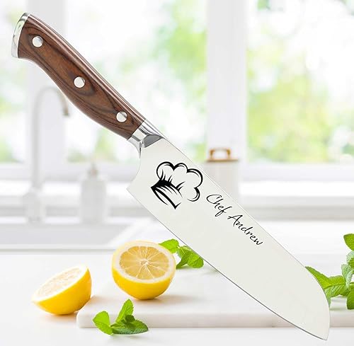 Miniatura 2 de Cuchillo de cocina Santoku de acero inoxidable personalizable con grabado láser para él, regalos de inauguración de la casa, juego de regalo de