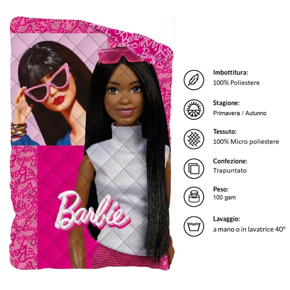 CARTOON Trapuntino doubleface Barbie bambini 170 x 250 cm copriletto leggero in 100% poliestere 100 GSM morbido e colorato per cameretta