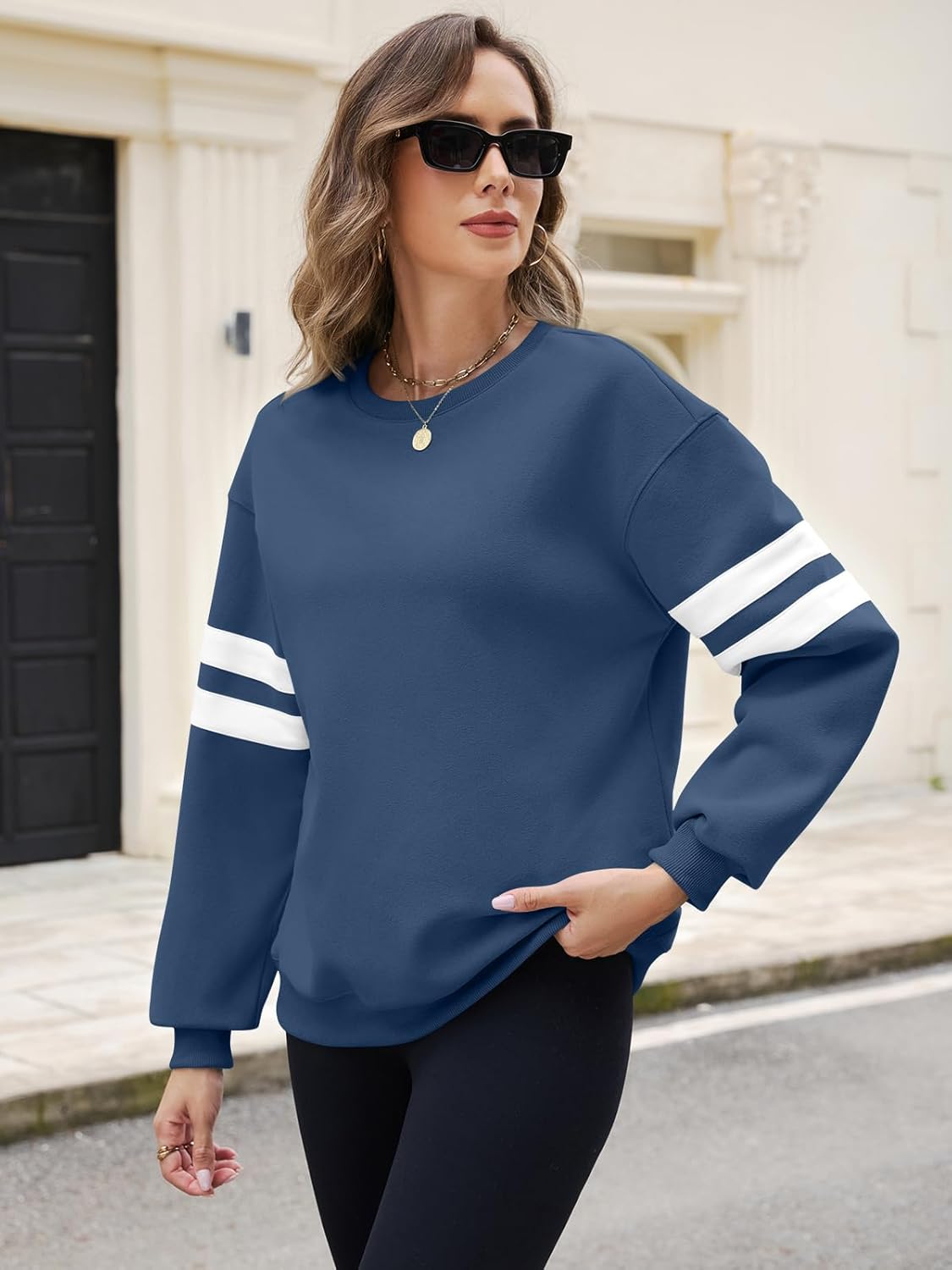 TICTICMIMI Women's Fleece Crewneck Sweatshirts Oversized Striped Long Sleeve Tops Fall Clothes - Image 3