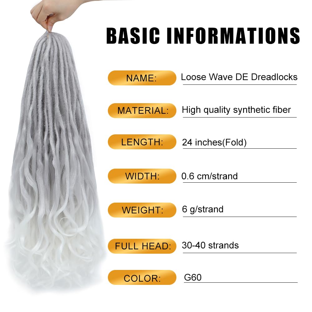 Loose Wave Dreadlocks Synthetic French Curly Double Ended Dreadlock Extensions 24inches 30 Strands Thin Soft Grey to White Spanish Curly DE Dreadlock Extensions for Women (30 Strands, G60)