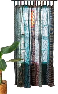 YILLE Handmade Boho Silk Sari Curtain Panel (1 Piece), Bohemian Vintage Lightweight Recycled Indian Silk Saree Window Drapes for Living Room, Aesthetic Home Décor Wall Hanging - 84 X 43, Blue