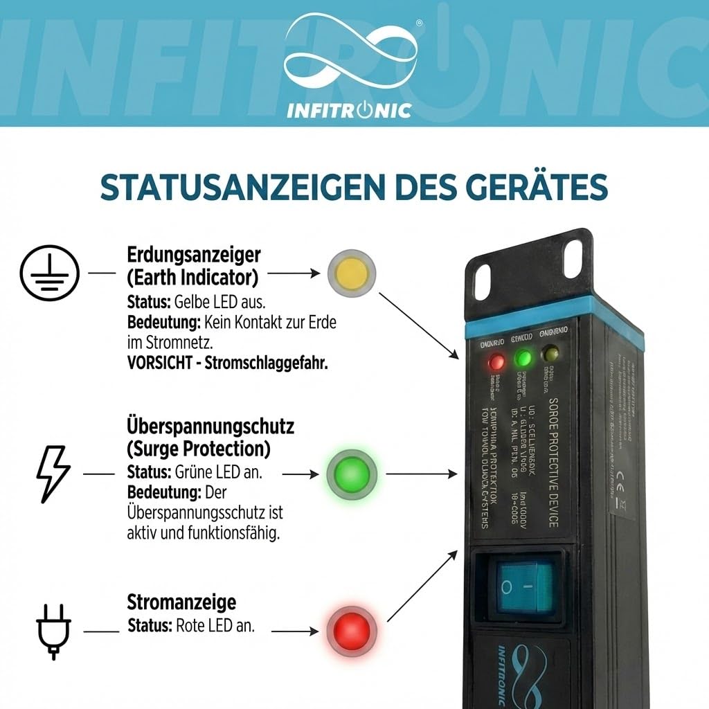 Infitronic - INSV1023 – 19 cali PDU 1HE listwa zasilająca z 6 gniazdami, rozdzielacz prądu z ochroną przed przepięciem + wskaźnik prądu