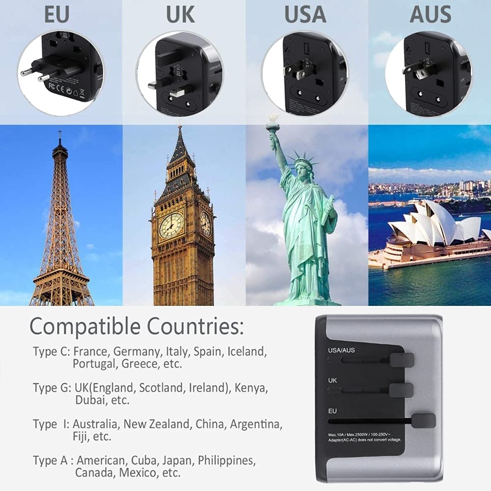 Adattatore di alimentazione universale in tutto il 4. USB Adattatore di caricabatterie per viaggiare con UE US UK AU Plug Socket per caricabatterie da viaggio universale Spina da viaggio per adattator
