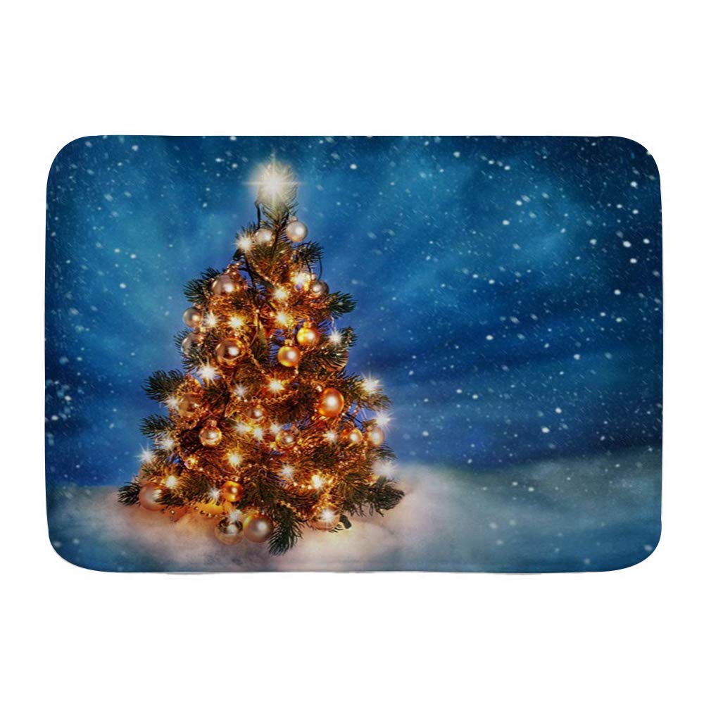 AoLismini Bath Mat Bathroom Rugs, Shiny Winter Holiday arkled X Tree with Decorations on Blue rry Night,Plush Bathroom Decor Mats with Non Slip Backing
