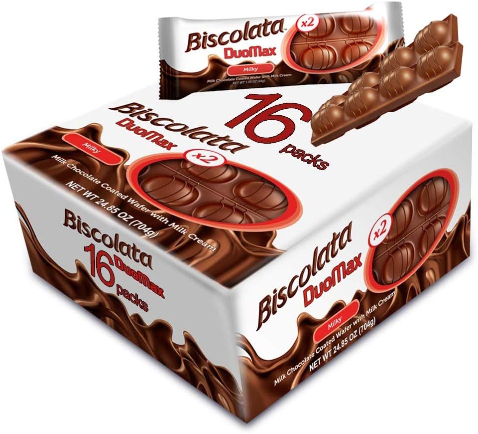 Biscolata Duomax Wafer Snack Cookies - Delicious Crispy & Creamy Milk Chocolate Candy Bar, 2 Bars Per Individually Wrapped Pack, Chocolate Candy Gifts, Perfect for Snacks, 16 Count