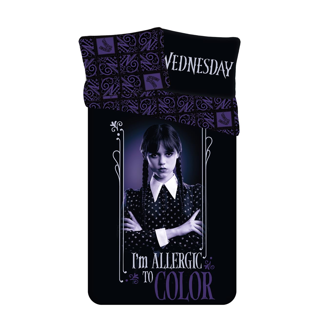 Jerry Fabrics Black & Purple Wednesday “Color” 100% Cotton Bedding Set – Duvet Cover 140X200 Cm + Pillowcase 50X70 Cm | Official Licensed Wednesday Design | Soft & Breathable Cotton Bedlinen Ideal For Kids & Teens