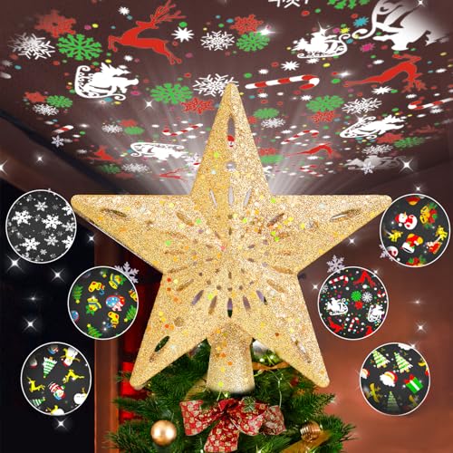Winpull Christmas Tree Topper Lighted with 6 Pattern Projection Modes, Christmas Tree Decorations Topper Built-in LED Projection Light, 3D Glitter Projector for Christmas Decorations (Gold)