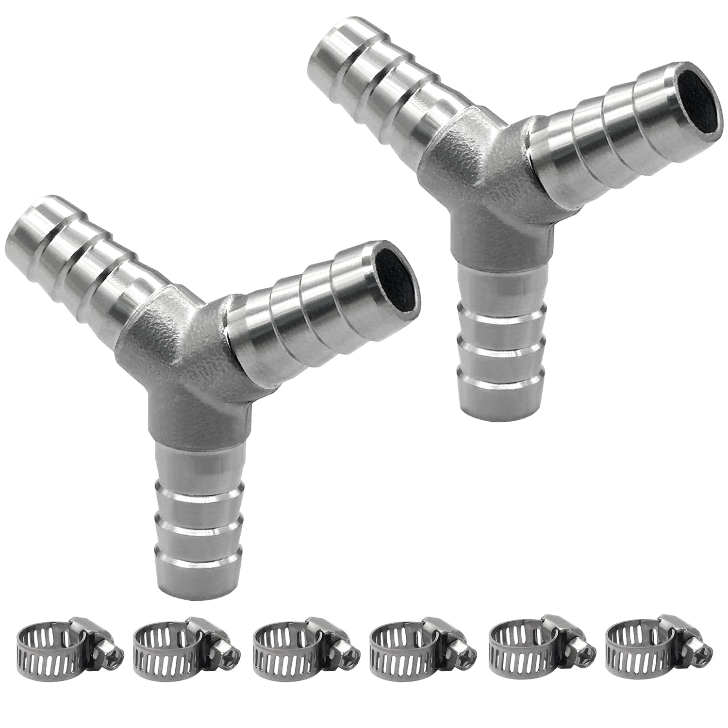 Photo 1 of Fitvell 2Pcs Stainless Steel 1" x 1" x 1" Hose Barb Fittings, 3 Way Y Shape Fitting with Clamps for Fuel, Air and Gas