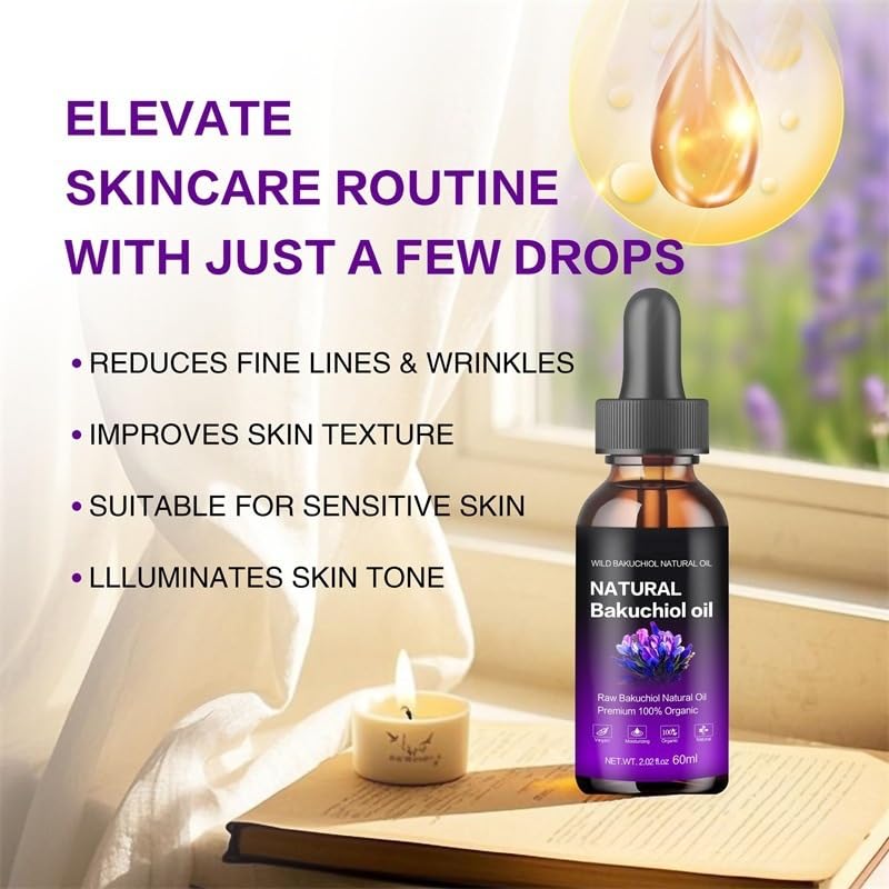 Natural Bakuchiol Oil, Premium 100% Organic Anti-Aging Facial Oil, 2.02 fl oz, for Sensitive, Aging, Acne-Prone Skin, Reduces Fine Lines, Improves Texture - Image 3