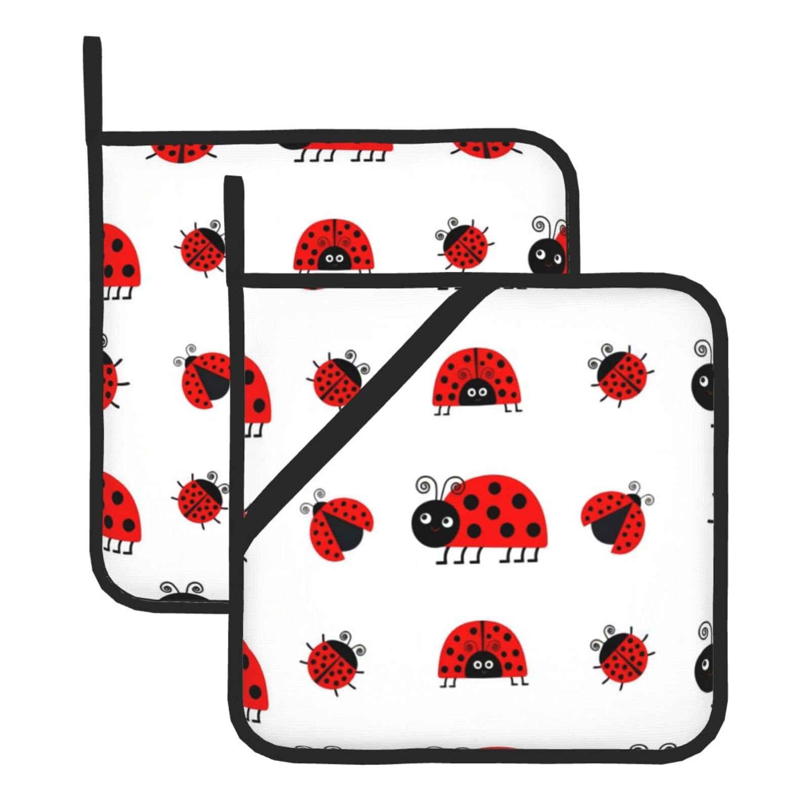 YYHWHJDE Red Ladybug Prints Square Hot Pads for Kitchen Counter - Waterproof Pot Holders with Hanging Loop, Durable Trivets for Microwave Oven - 2 Pack