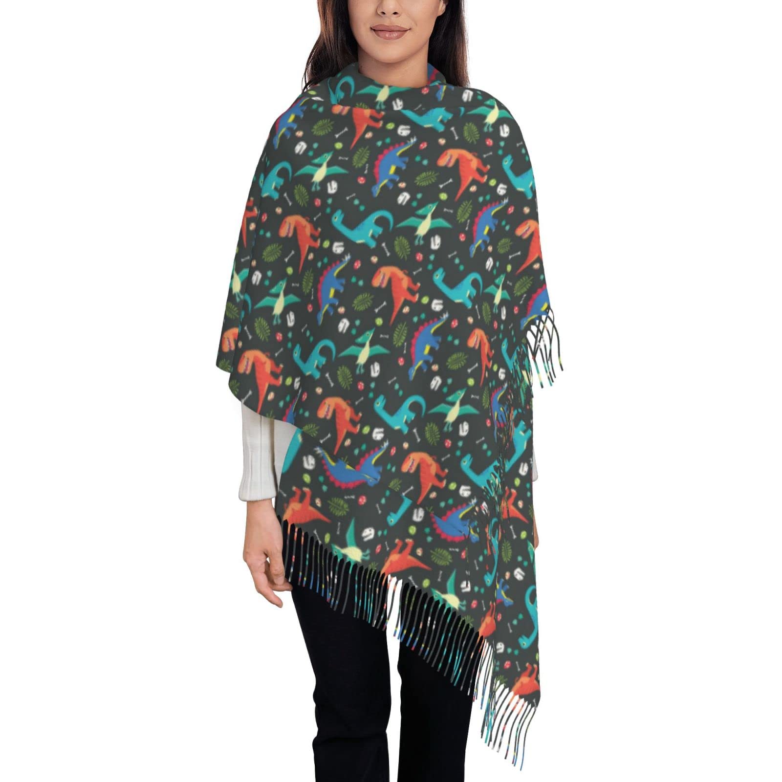 ASEELO Cartoon Dinosaur Women Scarf - Winter Long Pashmina Scarves Warm Wraps Ladies Tassel Stole Blanket