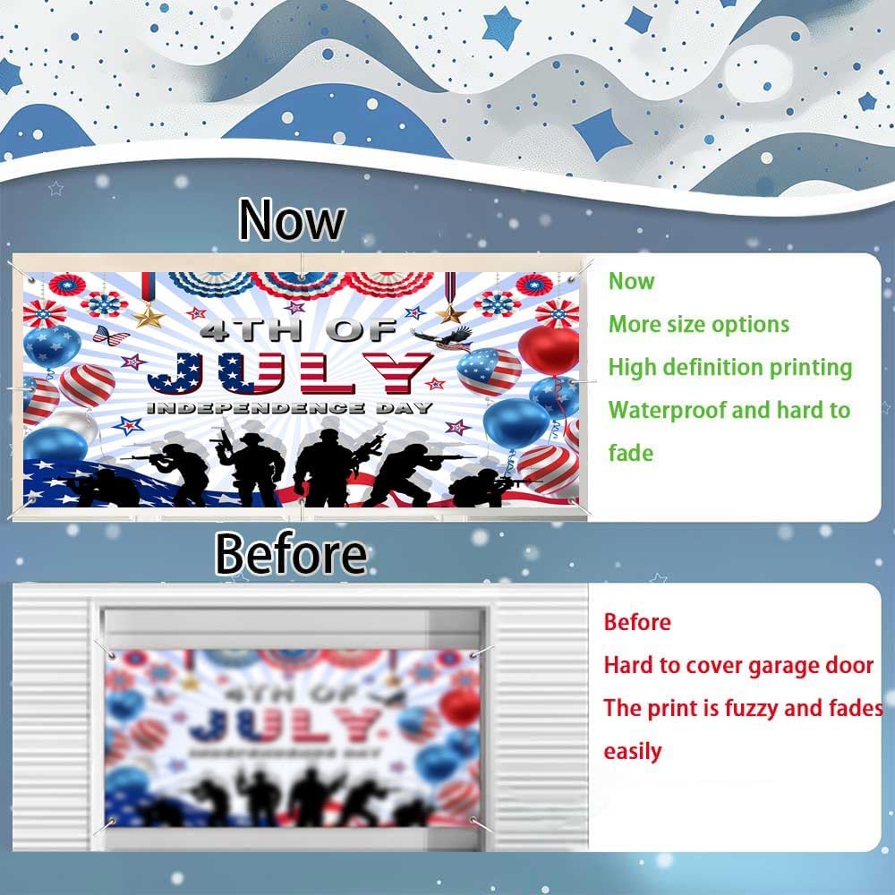 4th of July Patriotic Garage Door Banner, Independence Day Garage Door Decorations, USA Soldier Happy Veterans Day Garage Door Cover Memorial Independence Day Photo Background Party Photo Booth Props