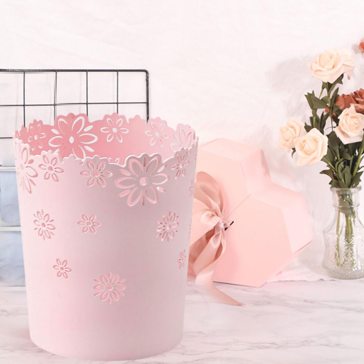 Bidoni della Carta bidone dei rifiuti di plastica per Spazzatura per Camera da Letto lattina a Fiore Vuoto Cesto per Abbigliamento Rotondo Senza Coperchio immondizia bidone Rosa m
