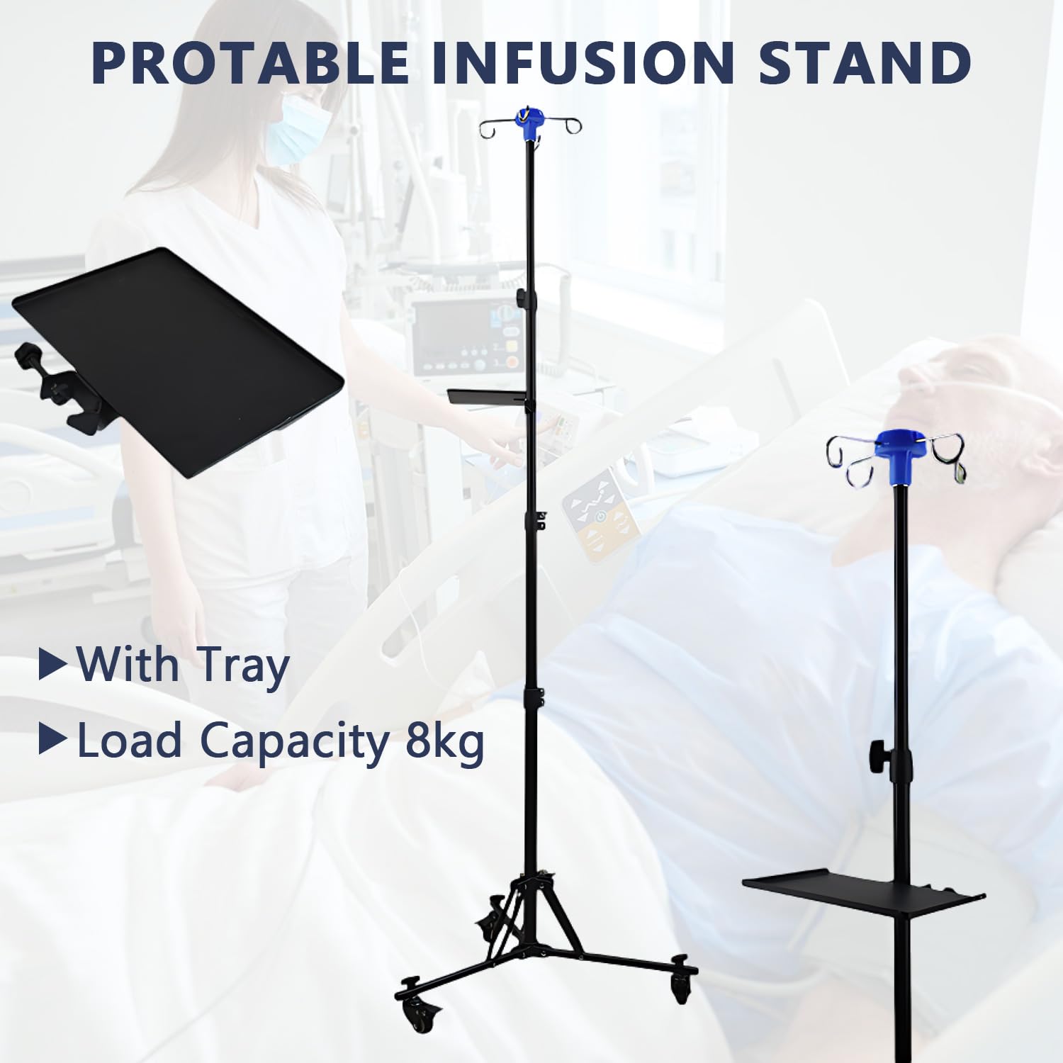 Supporto per infusione con ruote, supporto per infusione pieghevole con 4 ganci, 3 ruote, supporto per infusione in acciaio inox, altezza regolabile da 90 a 190 cm